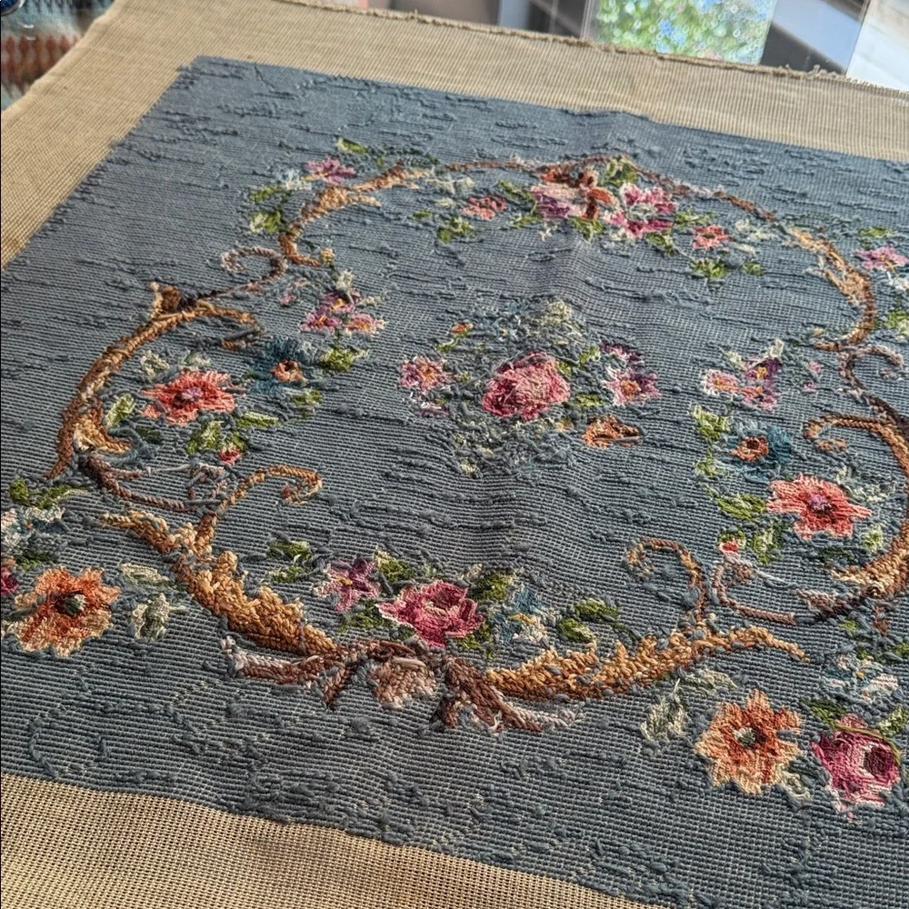 Floral Embroidered Vintage Handmade Floral Art in Blue